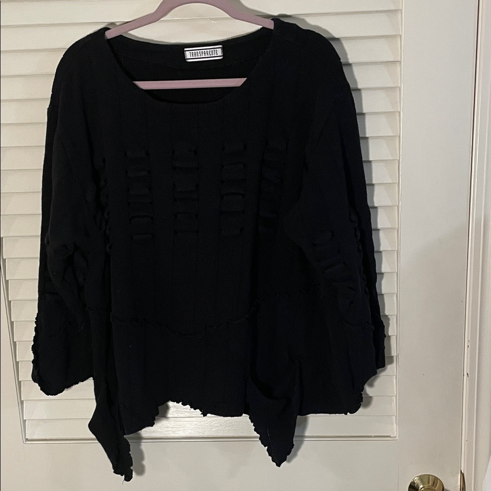 Transparente Black Textured Cowl Neck Puckered Asymmetrical Sweater